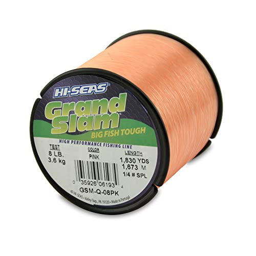 HI-SEAS Grand Slam Monofilament Fishing Line - Strong & Abrasion Resistant in Clear, Pink, Green, Smoke Blue, Fluorescent Yellow Freshwater & Saltwater – Quarter Pound Spool - color: Pink, style: 8 Lb Test, 0.27 Mm Dia, 1830 Yd