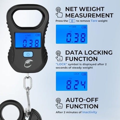 Calamus Lightweight Fish Scale – Rechargeable Digital Scale with USB Cable, 55lb Capacity, Multi-Units Pound/Ounces & Kilograms, High Accuracy, Backlight LCD Display, Fishing Gifts for Men - color: Black