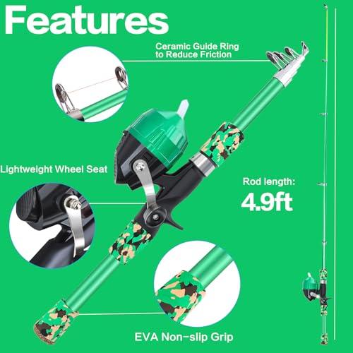 Collapsible Telescopic Fishing Rod and Reel Combo Push Button Small Fishing Pole Kit Beginner Youth Boys Fishing Starter Set Tackle - color: Camo Green, size: 4.92FT