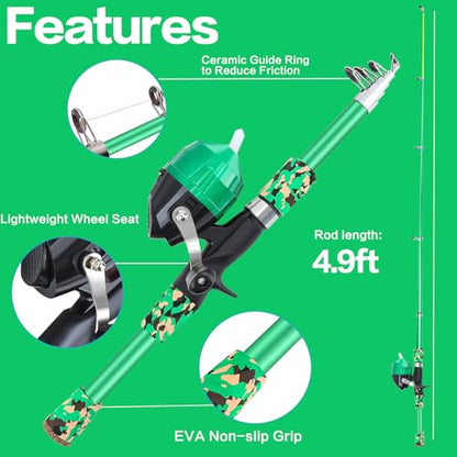 Collapsible Telescopic Fishing Rod and Reel Combo Push Button Small Fishing Pole Kit Beginner Youth Boys Fishing Starter Set Tackle - color: Camo Green, size: 4.92FT
