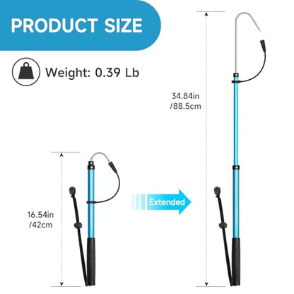 SANLIKE Telescopic Fishing Gaff, Aluminum Pole, Stainless Steel M8 Hook | Ultralight 4.62oz aluminum telescopic gaff (11.4"-24") with nonslip rubber handle, sharp stainless hook & safety lanyard - color: Blue, size: M-Extended 34.84"