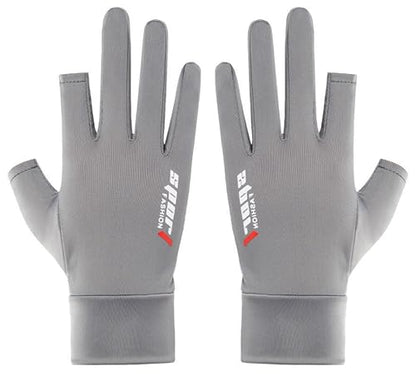 Mens-Sunblock-Gloves-UV-Protection Open-Finger Breathable Quick-Drying Ice-Silky Summer Outdoor Driving Hiking - color: Grey