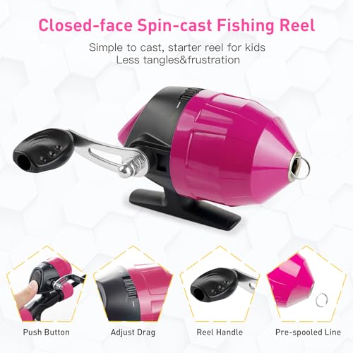 Kids Fishing Pole Kit, 59'' Telescopic Rod and Reel Beginner Combo with Spincast Reel,Tackle Box, Carrier Bag,Fishing Gear for Boys,Girls, Toddler,Youth - color: Pink