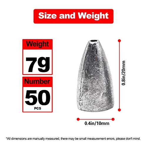 Fishing Weight Sinkers, 50pcs/55pcs Lead Worm Weights Fishing Sinkers for Bass Fishing Texas Rigs(2g/3.5g/5g/7g) - color: 7g/0.24oz-50pcs