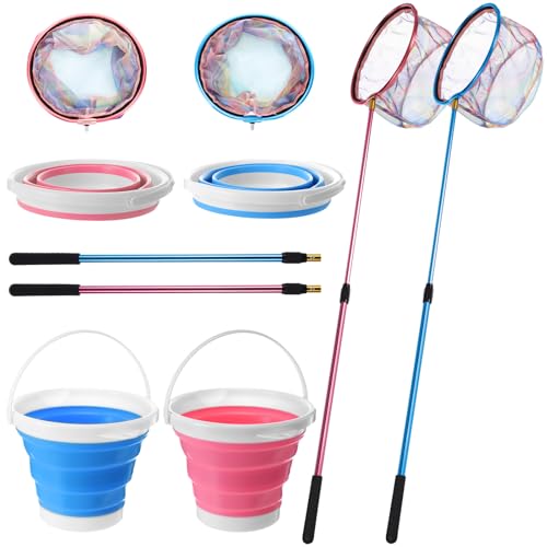 Telescopic Fishing Net with Bucket, Telescopic Fishing Landing Net, Lightweight Aluminum Pole Non Slip Handle for Catching Frogs Butterfly Fish Crab for Beach Stream Outdoor - color: Blue,Pink