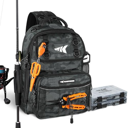 KastKing BaitSpace Fishing Sling Bag, Fishing Backpack with Rod & Beverage Holder, Tackle Bag for Fishing Gear - color: E: Black Camo - with (2) 3600 tackle boxes, size: Large