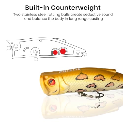 Pristis 3 pcs Topwater Fishing Plopper Lures, Floating Popper Bait Set with Chemically Sharpened Hooks for Saltwater Freshwater, Top Water Plopping Swimbait Teaser for Bass Tuna Perch Pike Crappie - color: Artistic Topwater Poppers