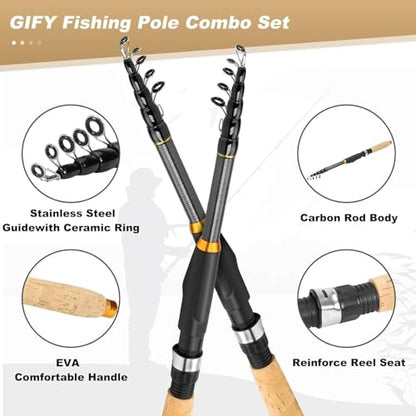 2PCS Telescopic Fishing Rod and Reel Combo, Collapsible Fishing Pole Set with Lip, Spinning Reel Line Lures Set with Carrier Bag, Saltwater Freshwater Fishing Gear for Adults - size: 6.89FT/2.1M