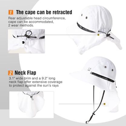 Oversized XL XXL Mens Sun Hat Big Head Neck Flap Shade Waterproof UPF50+ Wide Brim Hat Fishing Safari Hiking - color: White, size: Medium-Large