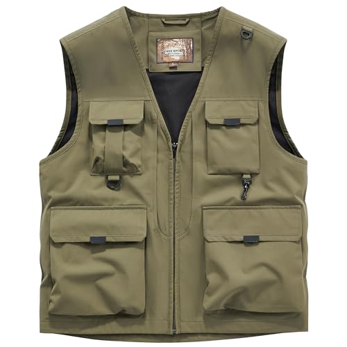 Men's Softshell Fishing Vest Outdoor Lightweight Waistcoat Waterproof Utility Cargo Sleeveless Jacket - color: Military, size: Small