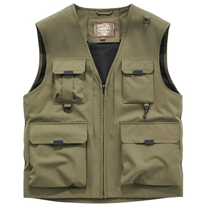 Men's Softshell Fishing Vest Outdoor Lightweight Waistcoat Waterproof Utility Cargo Sleeveless Jacket - color: Military, size: Small