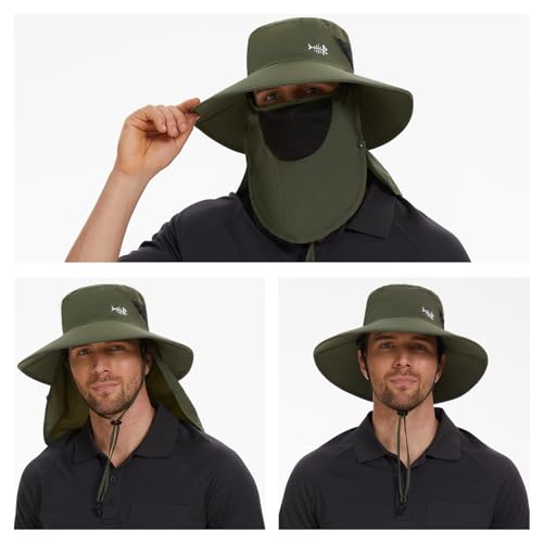 BASSDASH UPF 50+ Breathable Sun Hat with Removable Face Cover and Neck Flap Wide Brim Bucket Hat for Fishing Hiking Men Women - color: Army Green