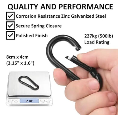 Black & Silver Zinc-Galvanized Heavy Duty Bushcraft Carabiner Spring Snap Clip Link Hooks 200-500lb Load 2, 6 & 12 Packs - color: 8cm (3.15in) Black 2 Pack