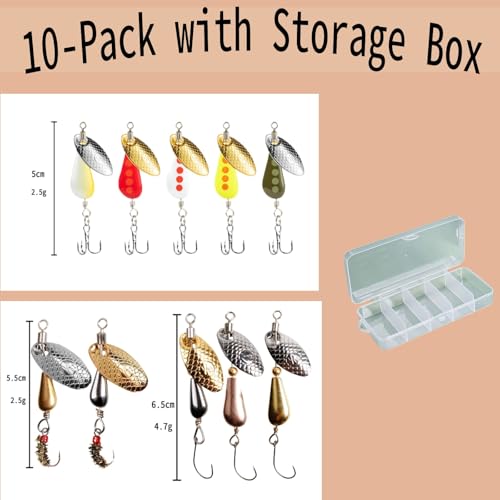 SHIAWASENA Fishing Spinners, 10pcs Trout Fishing Lures Kit, Inline Spinner Baits with Single Hooks &Treble Hooks & Fly Hooks, High-Reflective Flash Spoons for Trout, Salmon, Panfish, Bass, Pike - style: A#