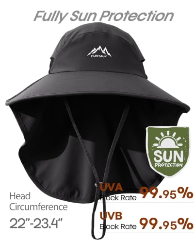 FURTALK Sun Hats for Men Women Fishing Hat with Neck Flap Chin Strap UPF 80+ Wide Brim Hiking Safari Summer Hats - color: Black