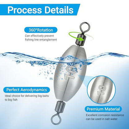 Polsefve Inline Trolling Fishing Weights with Inner Swivels, Oval Drop Casting Sinkers Lead Sinker Tackle for Catfish Bass Saltwater & Freshwater Bottom Fish(10g/15g/20g/30g/40g/60g) - color: 3/8oz-30pcs