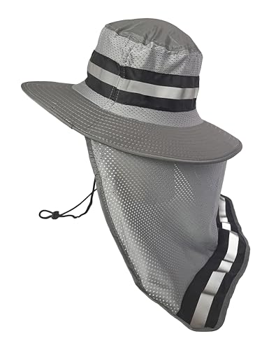 Men's Wide Brim Boonie Bucket Sun Hat with Neck Flap, High Visibility Reflective Stripes, UV Protection - color: Dark Grey