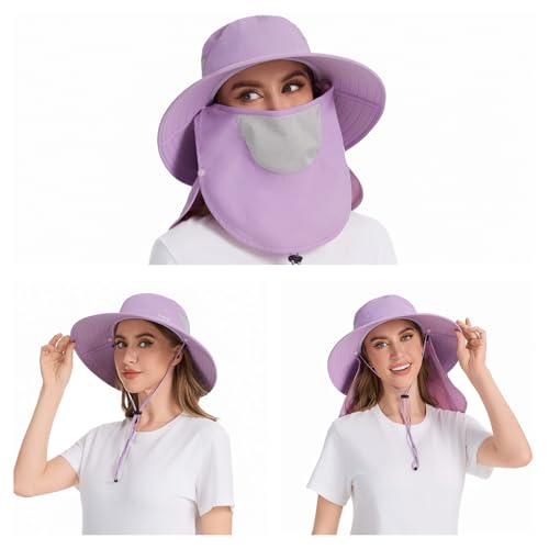 BASSDASH UPF 50+ Breathable Sun Hat with Removable Face Cover and Neck Flap Wide Brim Bucket Hat for Fishing Hiking Men Women - color: Light Purple