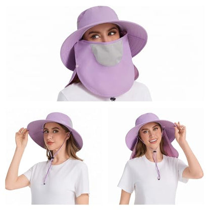 BASSDASH UPF 50+ Breathable Sun Hat with Removable Face Cover and Neck Flap Wide Brim Bucket Hat for Fishing Hiking Men Women - color: Light Purple
