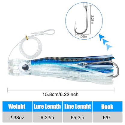 Saltwater Fishing Lures 6/9inch Trolling Lures for Marlin Mahi Tuna Dolphin Shark Big Game Deep Sea Fishing Baits Squid Skirts Rigged Hooks Ocean Gear Tackle - color: Blue-1pcs, size: 6inch
