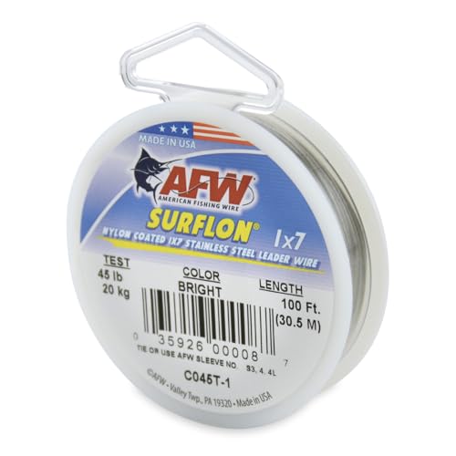 American Fishing Wire Surflon Nylon Coated 1x7 Stainless Steel Wire Leader - Wire Fishing Leader Line for Saltwater 10lb Up To 250lb Test in Bright, Black, Camo in 30ft, 100ft, 300ft, & 1000ft Lengths - color: Bright, style: 100 Feet, 45 Pound Test