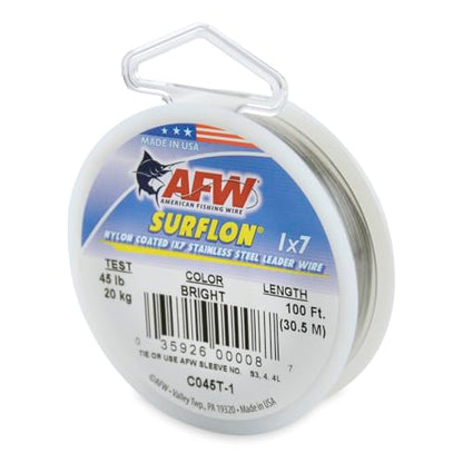American Fishing Wire Surflon Nylon Coated 1x7 Stainless Steel Wire Leader - Wire Fishing Leader Line for Saltwater 10lb Up To 250lb Test in Bright, Black, Camo in 30ft, 100ft, 300ft, & 1000ft Lengths - color: Bright, style: 100 Feet, 45 Pound Test