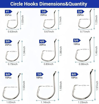 170Pcs Octopus Circle Hooks for Catfish Fishing, 9 Sizes Assorted | Offset Circle Design, Sharp Barbed, Sturdy Catfish Hooks, Freshwater & Saltwater, Sizes: 1# 1/0 2/0 3/0 4/0 5/0 6/0 7/0 8/0