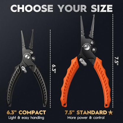 BasicGear Fishing Pliers, 17-4 PH Stainless Steel Saltwater Pliers, Braid Cutter, Split Ring Tool, Corrosion Resistant, One-Hand Operation (7.5" Standard (All-Purpose) - Black) - size: 7.5" Standard (All-Purpose) - Black