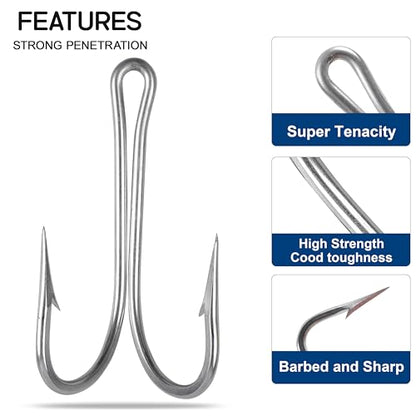Classic Double Fishing Hooks Frog Hooks Fishing Double Hooks, 8pcs Stainless Steel Fishing Hooks with Strong Sharp Open Shank Barbed for Saltwater and Freshwater - size: 9/0-8pcs