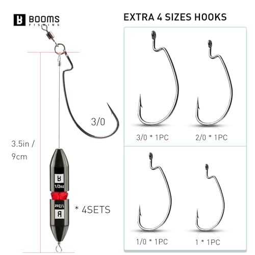 Booms Fishing TR1 Tokyo Rig, Pre Rigged Punch Shot Rig, Replaceable Hook Punchshot Kit, Bass Fishing Accessories Including Brass Bullet Weights, EWG Hooks, Barrel Swivel, Split Ring, Steel Wire, Bead - color: Black_1oz_4pack