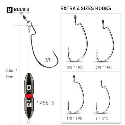 Booms Fishing TR1 Tokyo Rig, Pre Rigged Punch Shot Rig, Replaceable Hook Punchshot Kit, Bass Fishing Accessories Including Brass Bullet Weights, EWG Hooks, Barrel Swivel, Split Ring, Steel Wire, Bead - color: Black_1oz_4pack