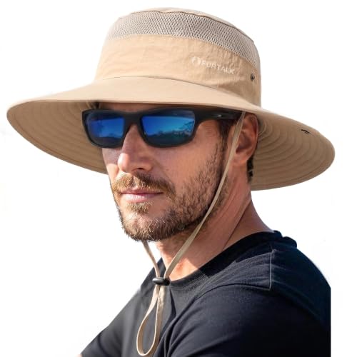 FURTALK Sun Hats for Men Women UPF Sun Protection Breathable Wide Brim | Nylon UV Protection, Breathable Adjustable, 2-in-1 Wide Brim, Packable Water-Resistant, Fishing Hiking Summer - color: Khaki