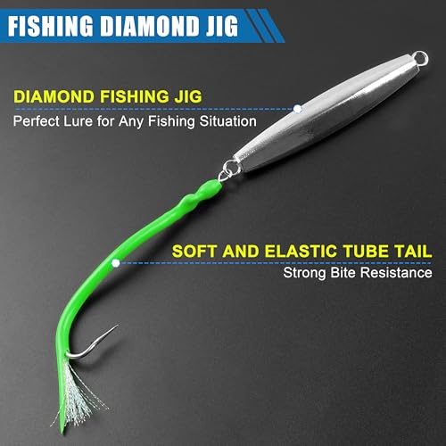 Saltwater Fishing Lures Diamond Jigs,3PCS Flat Metal Casting Jigging Spoon Baits with Teasers J Hooks for Surf Fishing Bluefish Striper Tuna Salmon Freshwater - color: Green, size: 8oz - 3pcs