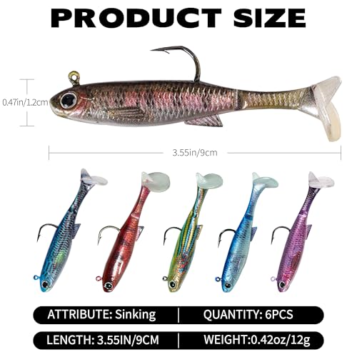 6PCS Soft Plastic Fishing Lures - 3.5in Swim Baits for Bass Pre-Rigged Jig Heads Walleye Fishing Lures with Paddle Tail Swimbaits for Bass Fishing Fishing Soft Plastic Lure Kit - color: Mixed Colors