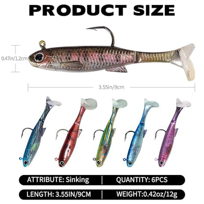 6PCS Soft Plastic Fishing Lures - 3.5in Swim Baits for Bass Pre-Rigged Jig Heads Walleye Fishing Lures with Paddle Tail Swimbaits for Bass Fishing Fishing Soft Plastic Lure Kit - color: Mixed Colors