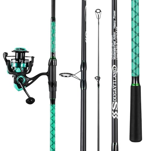 SOUGAYILANG Surf Fishing Rod and Reel Combo, Heavy 3-Piece Travel Spinning Rod with Reel for Red Drum, Striped Bass, Beach & Saltwater Fishing(9'/10'/11'/12') - color: green, size: 9ft
