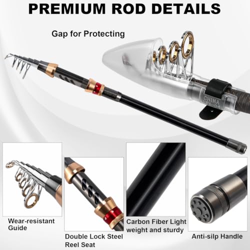 Alwonder Fishing Spinning Rod and Reel Combos, Carbon Fiber Telescopic Fishing Rod 4000 Spinning Reel Set Saltwater Freshwater with Jigs Spoon Spinner Sandeel Lures Line Gear Accessories Tackle - size: M - 2.1M/6.89FT