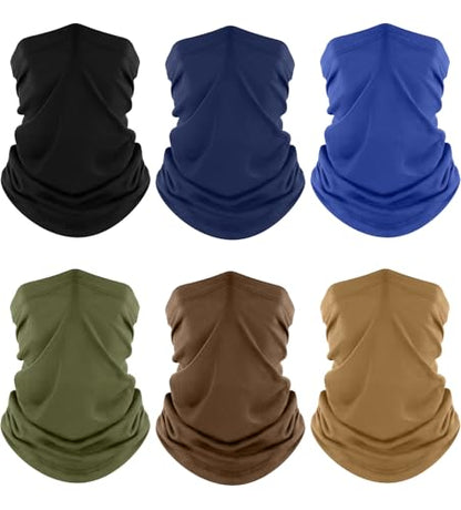 Fuinloth Neck Gaiter, 6 Pack Cooling UV Protection Bandana Face Mask Gator | Breathable Sweat Wicking, UPF 50, Sun Wind Dust Shield, Quick Dry & Washable, 95% Polyester 5% Spandex - color: Black+blue+green+navy+sand+brown