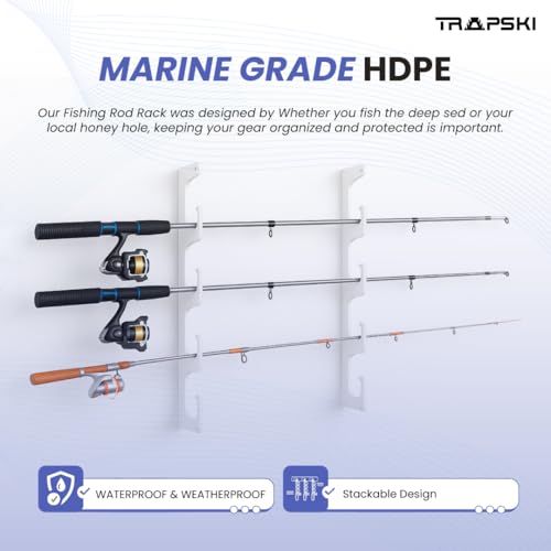 TRAPSKI Made in USA Fishing Rod/Pole Holder Rack Organizer | Wall or Ceiling Mounted Fishing Rod Rack | Marine Grade HDPE Plastic | Pole Holder for up to 6 Stackable - color: H6 White
