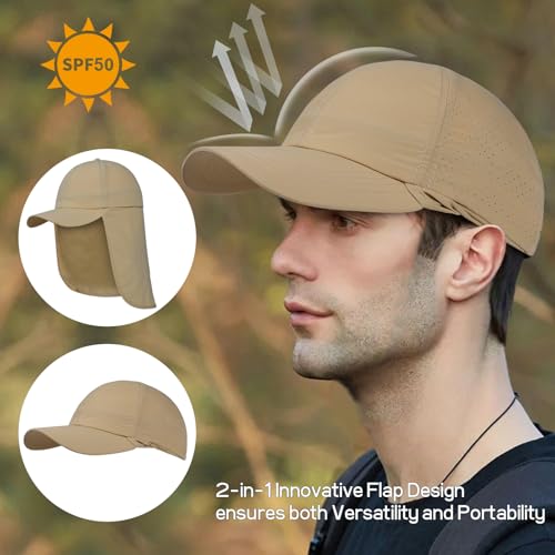 Mens XXL Sun Hats with Neck Flap UPF 50+ Waterproof Baseball Cap Adjustable Breathable Quick Dry Outdoor Fishing Hat - color: Khaki, size: X-Large-XX-Large