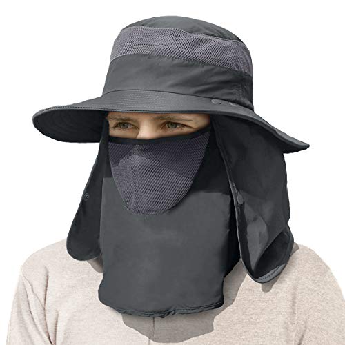 IYEBRAO Mens Outdoor Sun Hat with Face Neck Flap UV Protection Wide Brim Fishing Hat for Hiking Safari Gardening UPF 50+ - color: Dark Gray