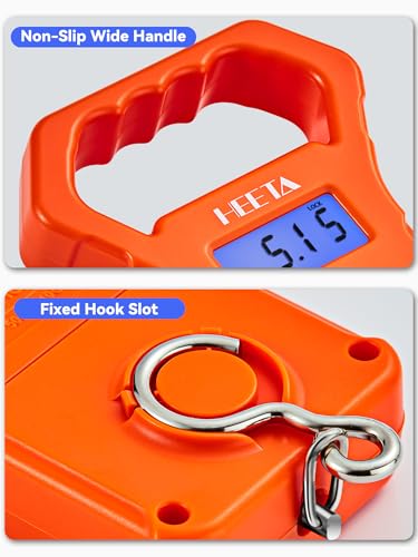 HEETA Fish Scale 110lb/50kg Digital Hanging Fishing Luggage Weight Scale | Portable with Backlit LCD Display, Hook & Non-Slip Large ABS Handle, Fishing Gifts Gear for Men, 2 AAA Batteries Included - color: Orange