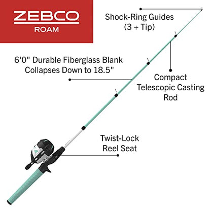 Zebco Roam Telescopic Fishing Rod and Spinning or Spincast Fishing Reel Combo, Durable 6-Foot Fiberglass Rod with ComfortGrip Handle, Pre-spooled with Zebco Cajun Fishing Line - style: Spincast Reel - Seafoam