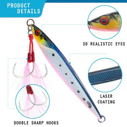 3pcs Saltwater Vertical Fishing Jigs Metal Jigging Spoon | Speed Fast Deep Sea Jigging Fishing Lures Luminous Lead Jigs with Assist Hooksfor Tuna Bass Dogtooth Grouper(5.29oz/5.64oz) - color: B-speed fast sinking fishing jigs 5.29oz