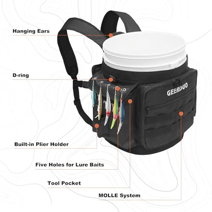 Fishing Bucket Backpack with Rod & Plier Holder and Pockets for Fishing, Hunting, Apple Picking for 5 Gallon Bucket (Black) - color: Black