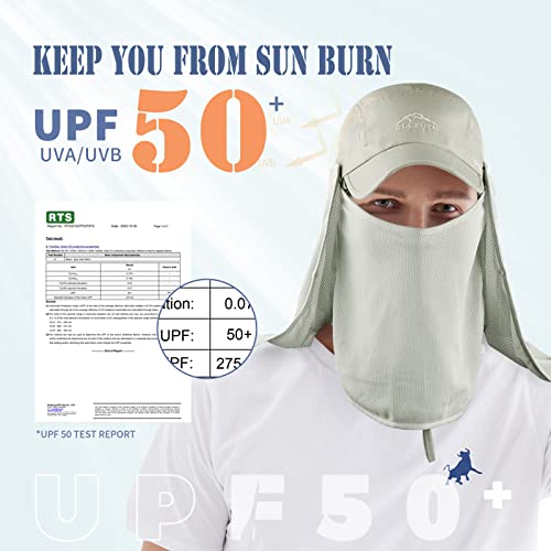 Outdoor Sun Hat for Men Women UPF 50+ Fishing UV Hat with Neck Flap Face Cover for Sun Protection - color: Khaki-regular Brim