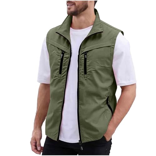 Men Fishing Vest Lightweight Outerwear Golf Running Sleeveless Jacket Travel Photo Utility Vest with Zipper Pockets - color: #02 Army Green, size: Medium