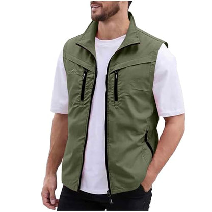 Men Fishing Vest Lightweight Outerwear Golf Running Sleeveless Jacket Travel Photo Utility Vest with Zipper Pockets - color: #02 Army Green, size: Medium