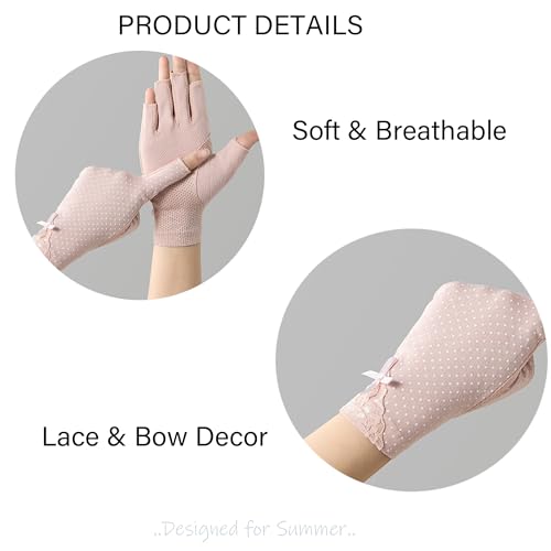 Women Pink Driving Ice-Silk Gloves Sun-UV-Protection Fingerless Gloves for Summer Hiking Cycling Running SPF Lace Glove