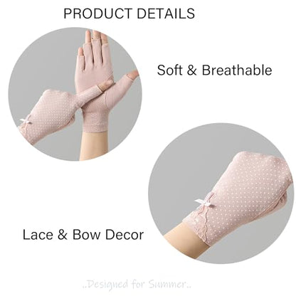 Women Pink Driving Ice-Silk Gloves Sun-UV-Protection Fingerless Gloves for Summer Hiking Cycling Running SPF Lace Glove